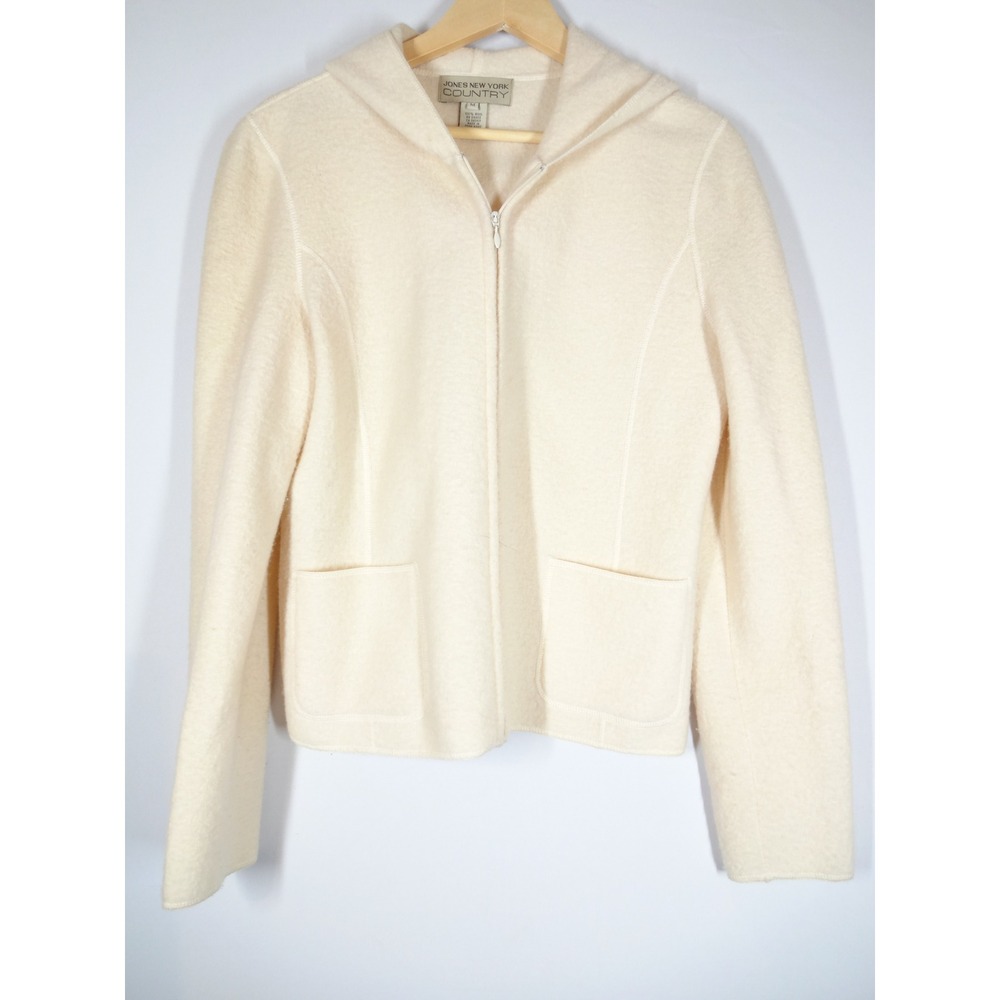 VTG Jones New York Country Hooded Jacket M Cream Boiled Wool Zip Up Minimalist